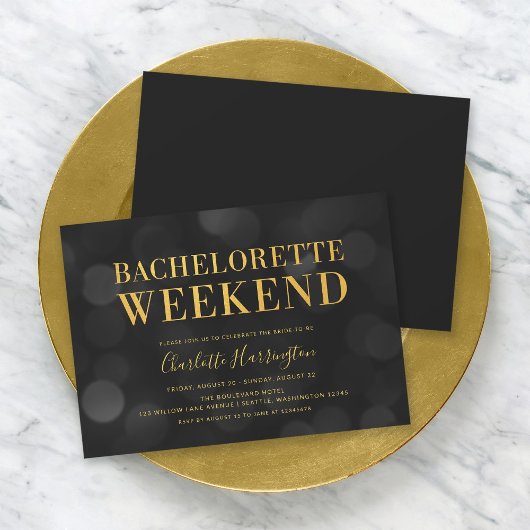 Invitation Dark Bokeh Lights Faux Gold Bachelorette Weend