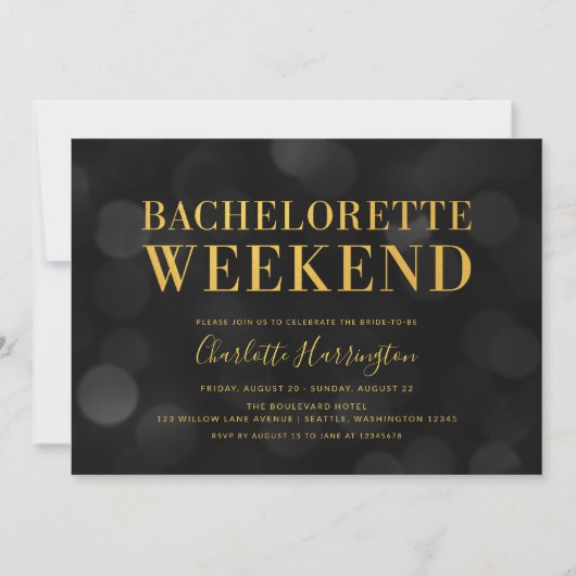 Invitation Dark Bokeh Lights Faux Gold Bachelorette Weend (Devant)
