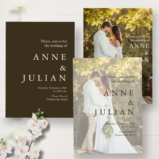 Invitation Dark Brown Wedding with a photo & QR Code