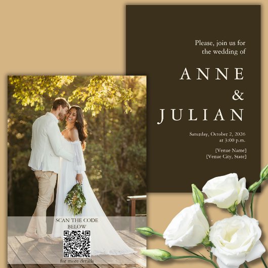 Invitation Dark Brown Wedding with a photo & QR Code