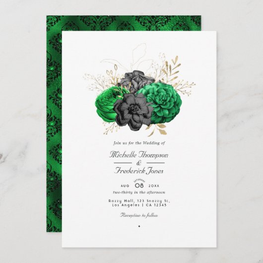 Invitation Dark Emerald et Gold Floral QR Code RSVP Mariage (Devant / Derrière)