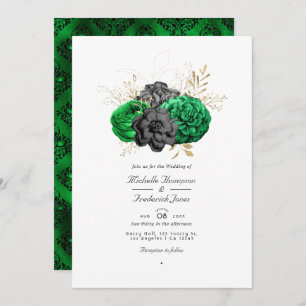 Invitation Dark Emerald et Gold Floral QR Code RSVP Mariage
