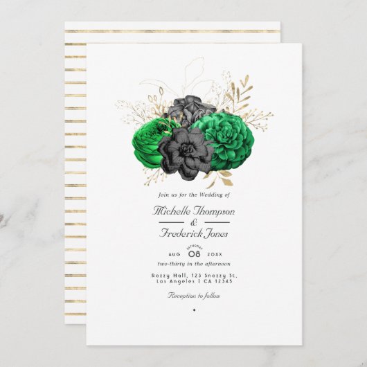 Invitation Dark Emerald et Gold Floral QR Code RSVP Mariage (Devant / Derrière)