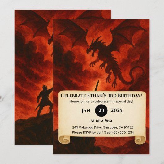 Invitation Dark Fire Dragon Birthday (Devant / Derrière)