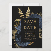 Invitation Dark Floral Navy Blue Gold Wedding Enregistrer la (Devant)