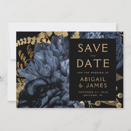 Invitation Dark Floral Navy Blue Gold Wedding Enregistrer la  (Devant)