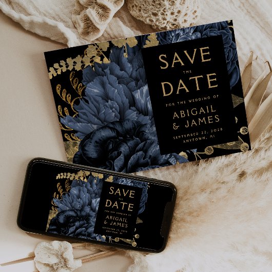 Invitation Dark Floral Navy Blue Gold Wedding Enregistrer la 