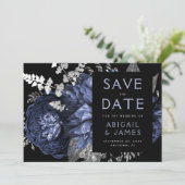 Invitation Dark Floral Navy Blue Silver Wedding Enregistrer l (Debout devant)