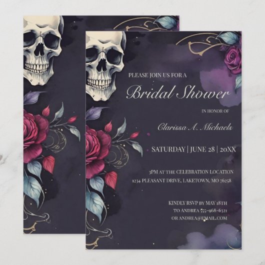 Invitation Dark Floral Skull & Rose Gothic Bridal Shower (Devant / Derrière)