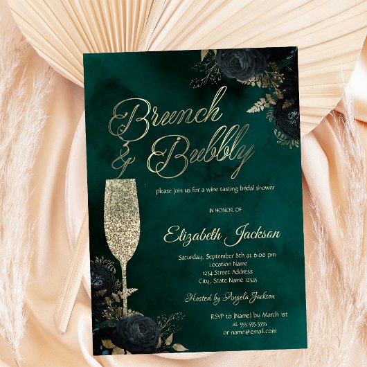 Invitation Dark Flowers Champagne Glass Green