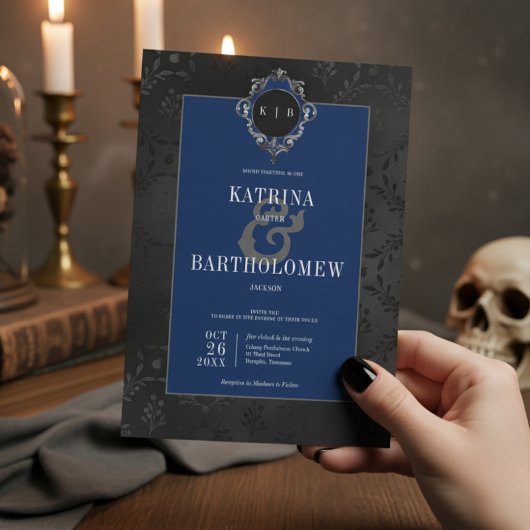 Invitation Dark Gothique Noir Floral Satin Damas Mariage bleu