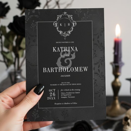 Invitation Dark gothique noir floral satin Mariage damassé
