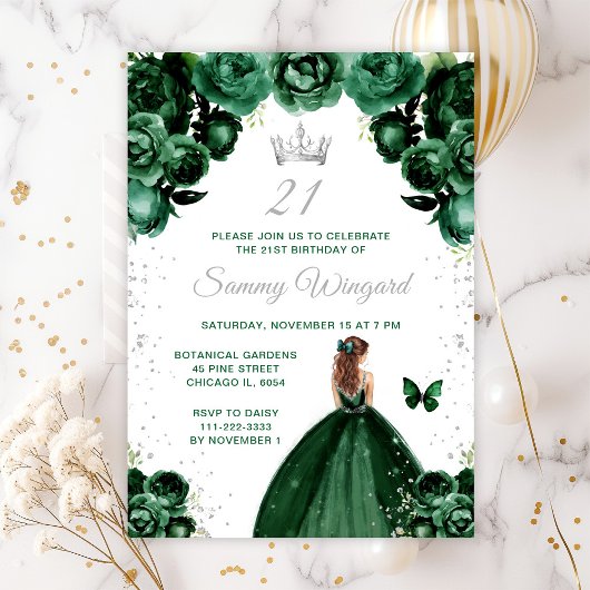Invitation Dark Green Brown cheveux Princess Anniversaire
