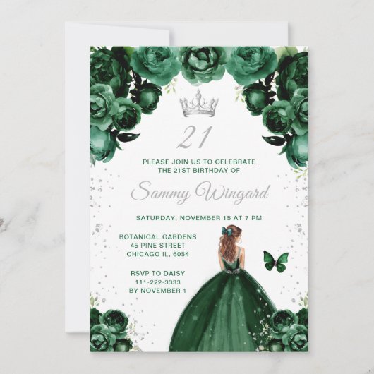 Invitation Dark Green Brown cheveux Princess Anniversaire (Devant)