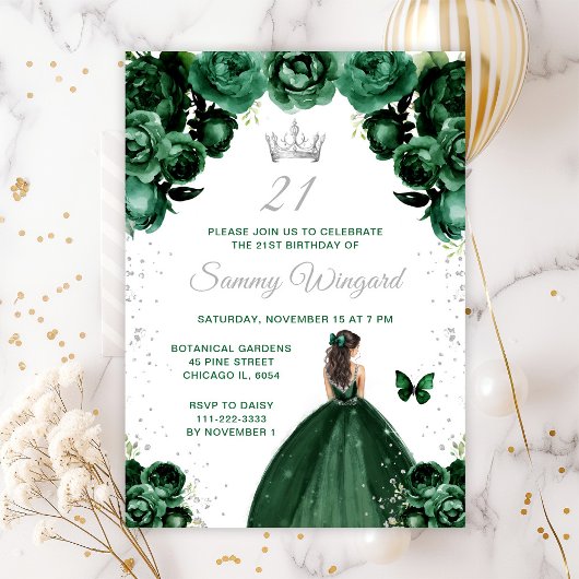 Invitation Dark Green Brunette Cheveux Princesse Anniversaire