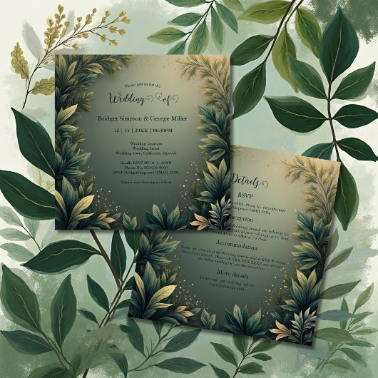 Invitation dark green elegant nature wedding all in one 
