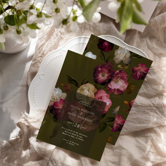 Invitation Dark Green Floral Moody Black Elegant Romantic