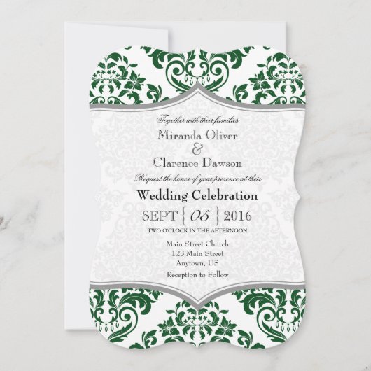 Invitation Dark Green Gris Damask Bracket Wedet Inviter (Devant)