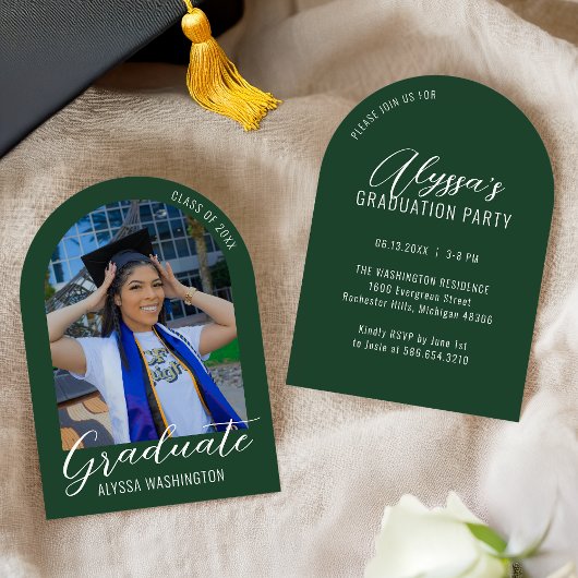 Invitation Dark Green Modern Arch Photo Graduation Party