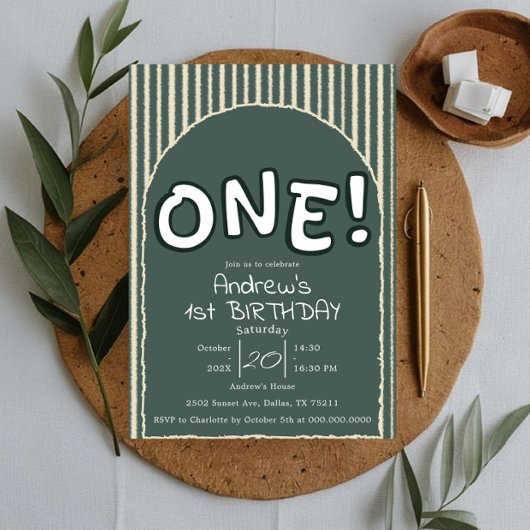 Invitation Dark Green Stripes 1st Birthday