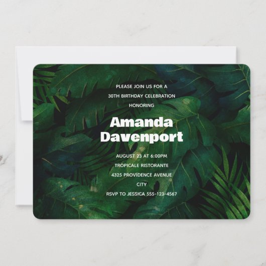 Invitation Dark Green Tropical Feuille Motif Anniversaire (Devant)