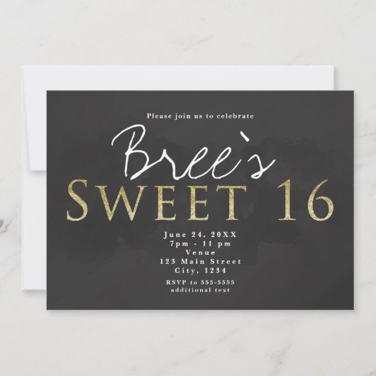 Invitation Dark Grey & Gold SWEET 16 Chic Birthday Party (Devant)
