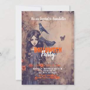 Invitation Dark Haired Girl and Birds Déplaisant Halloween Pa