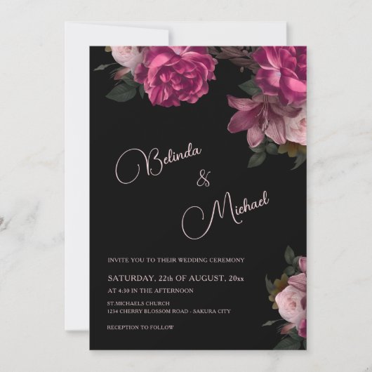 Invitation Dark Hand Drawn Roses Photo Wedding (Devant)
