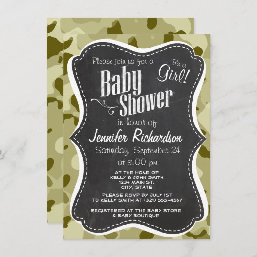 Invitation Dark Khaki Camo ; Retro Chalkboard look (Devant / Derrière)