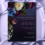 Invitation Dark Moody Blue Lavender Floral Moderne Mariage<br><div class="desc">Présentant notre faire-part de mariage exquise qui allie élégance moderne et charme vintage sans effort. Contre un arrière - plan bleu marine moody, un bouquet souple et souple prend vie, avec des fleurs violettes foncées, lavande, bleu perwinkle et blanches crème, des baies violettes foncées et une végétation botanique délicate. Le...</div>