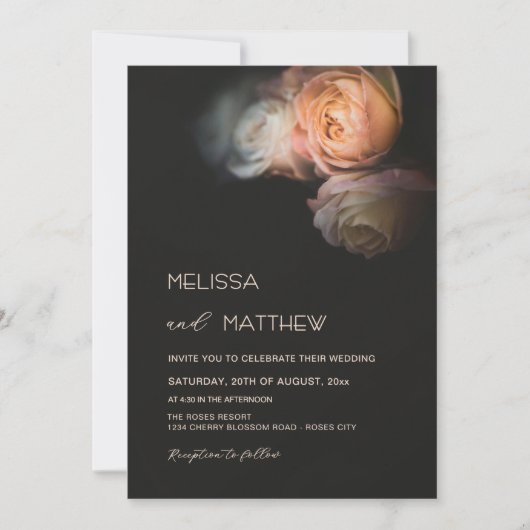 Invitation Dark Moody Blush Apricot Roses Wedding (Devant)