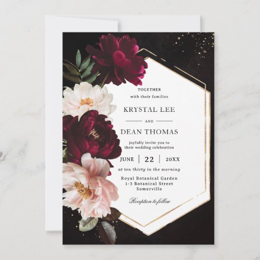 Invitation Dark Moody Bourgogne Blush Peonies Floral Mariage (Devant)