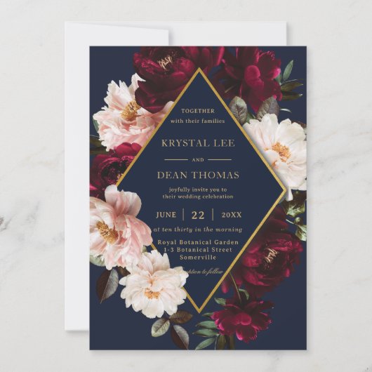 Invitation Dark Moody Burgundy Blush Navy Blue Floral Mariage (Devant)