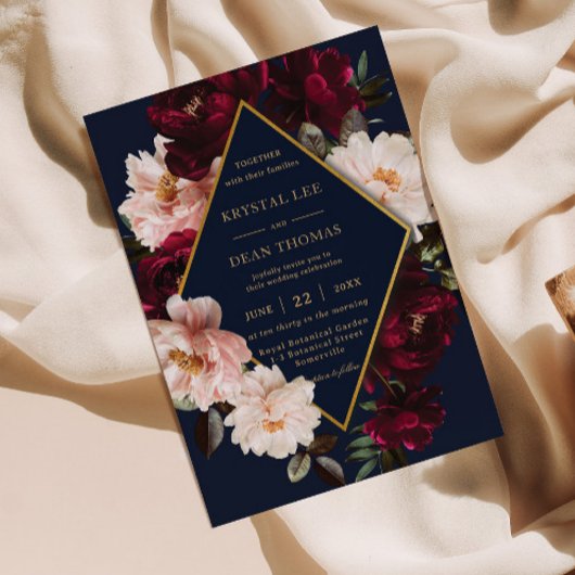 Invitation Dark Moody Burgundy Blush Navy Blue Floral Mariage