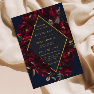 Invitation Dark Moody Burgundy Navy Blue Floral Mariage