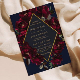 Invitation Dark Moody Burgundy Navy Blue Floral Mariage