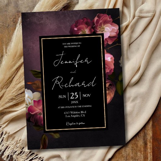 Invitation Dark Moody Dutch Old Masters Purple Floral Mariage