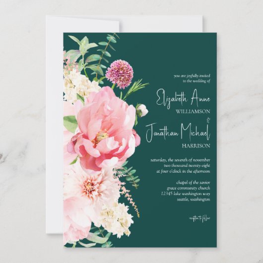 Invitation Dark Moody Emerald Blush Floral Script élégant (Devant)
