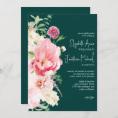Invitation Dark Moody Emerald Blush Floral Script élégant (Devant / Derrière)