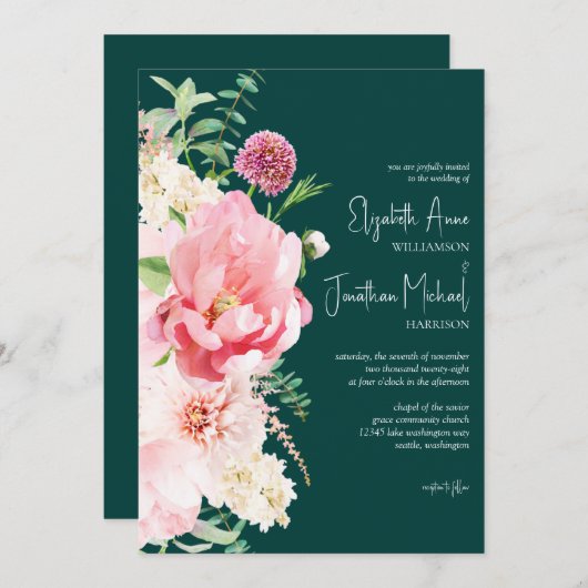 Invitation Dark Moody Emerald Blush Floral Script élégant (Devant / Derrière)