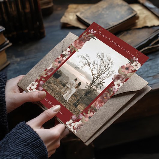 Invitation Dark Moody Floral Autumn Photo Enregistrer la date