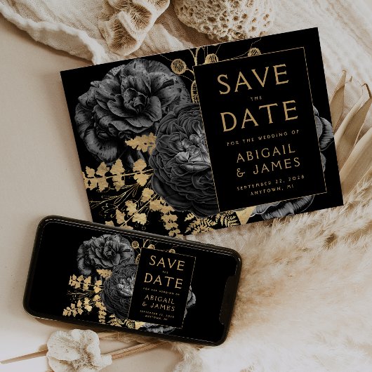 Invitation Dark Moody Floral Black Gold Wedding Enregistrer l