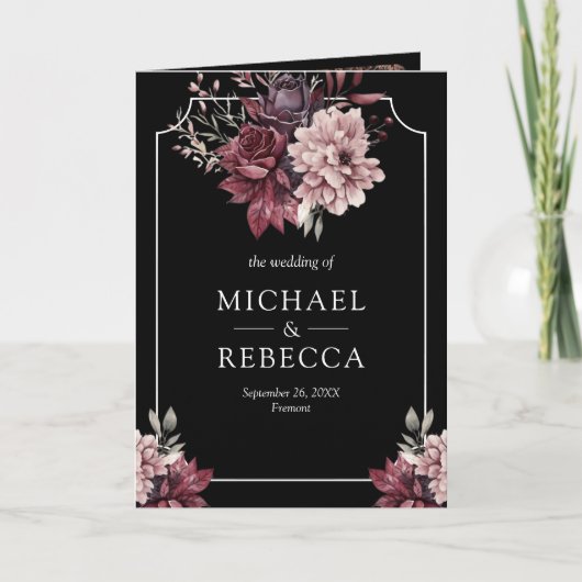 Invitation Dark Moody Floral Frame Black QR Code Wedding (Devant)