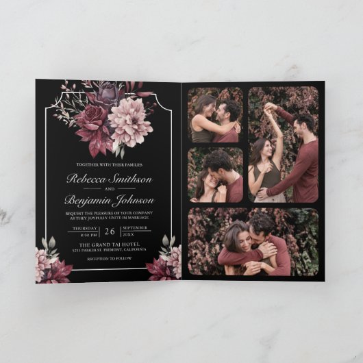 Invitation Dark Moody Floral Frame Black QR Code Wedding (Intérieur)
