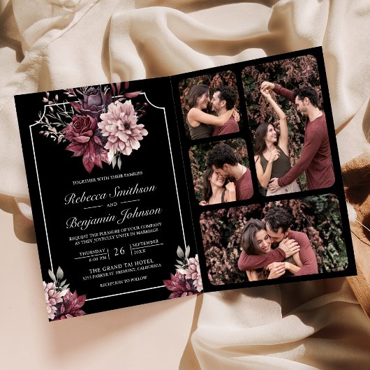 Invitation Dark Moody Floral Frame Black QR Code Wedding