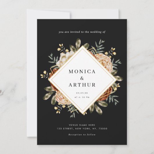 Invitation Dark Moody Floral & Gold Frame QR Code Mariage (Devant)
