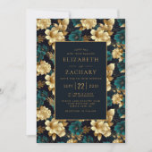 Invitation Dark Moody Floral Turquoise or ivoire noir Mariage (Devant)