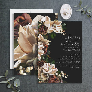 Invitation Dark Moody Magnolia Script Floral Mariage Invitati
