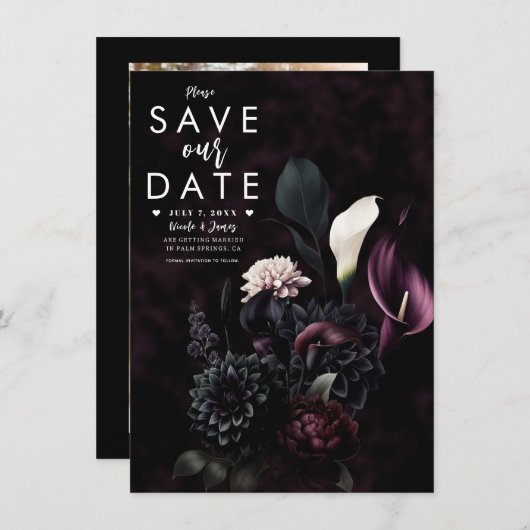 Invitation Dark Moody Mariage floral romantique Enregistrer l (Devant / Derrière)
