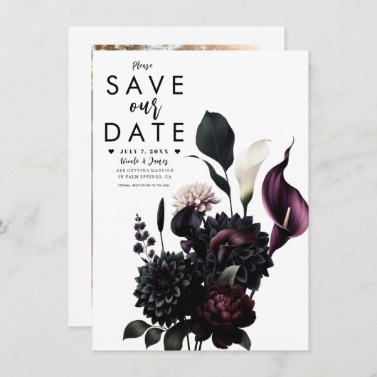 Invitation Dark Moody Mariage floral romantique Enregistrer l (Devant / Derrière)